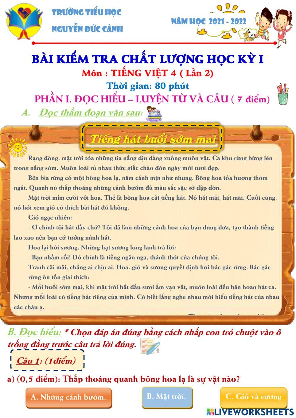 Bài kiểm tra cuối ki 1 - tiếng việt 4