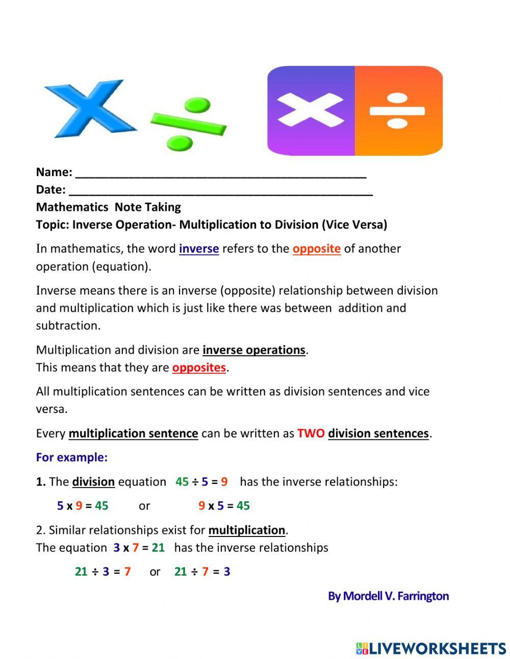 Inverse Operation- Multiplication to Division (Vice Versa) Inverse Operation- Multiplication to Division (Vice Versa)