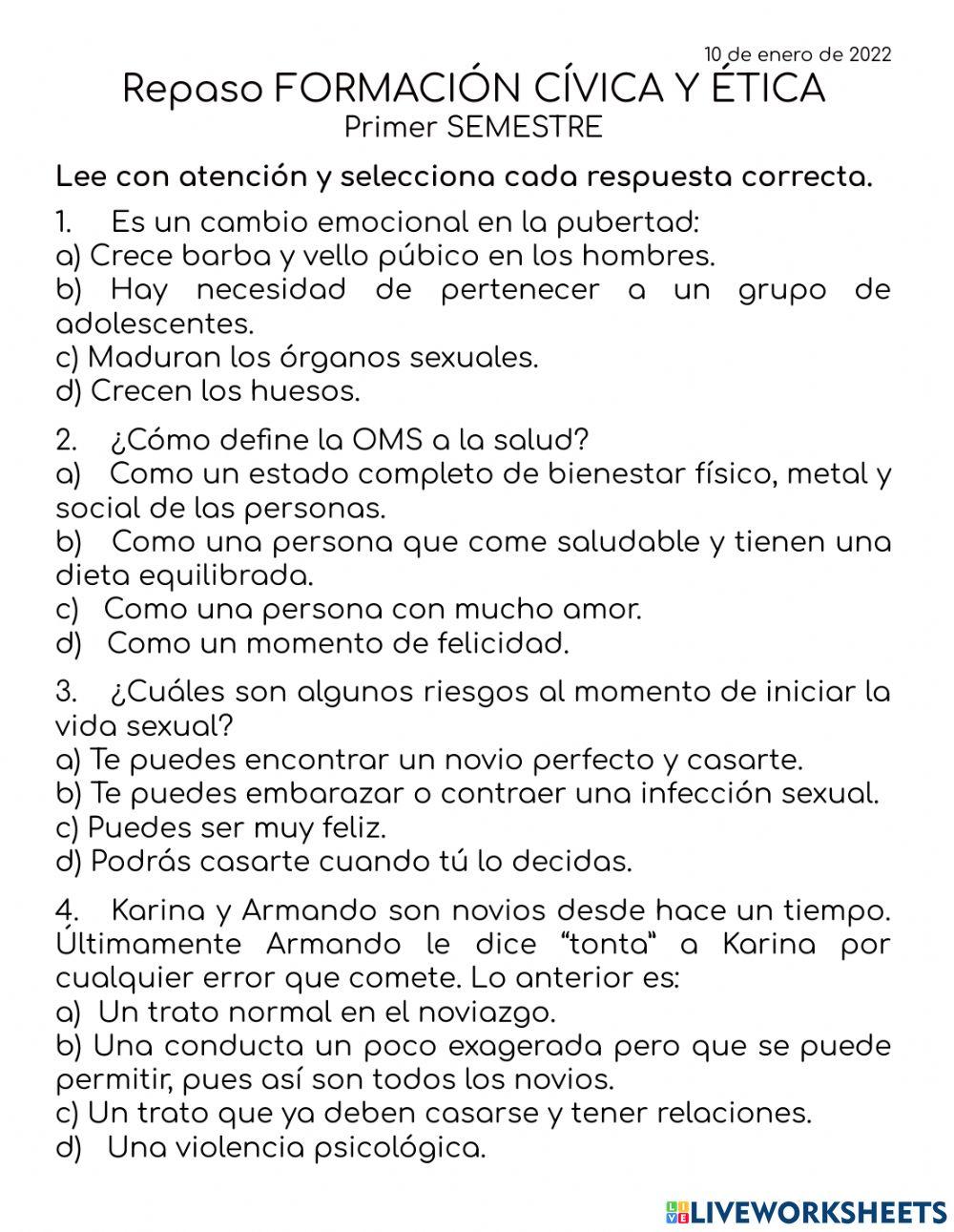 Repaso FORMACIÓN CÍVICA Y ÉTICA Primer SEMESTRE