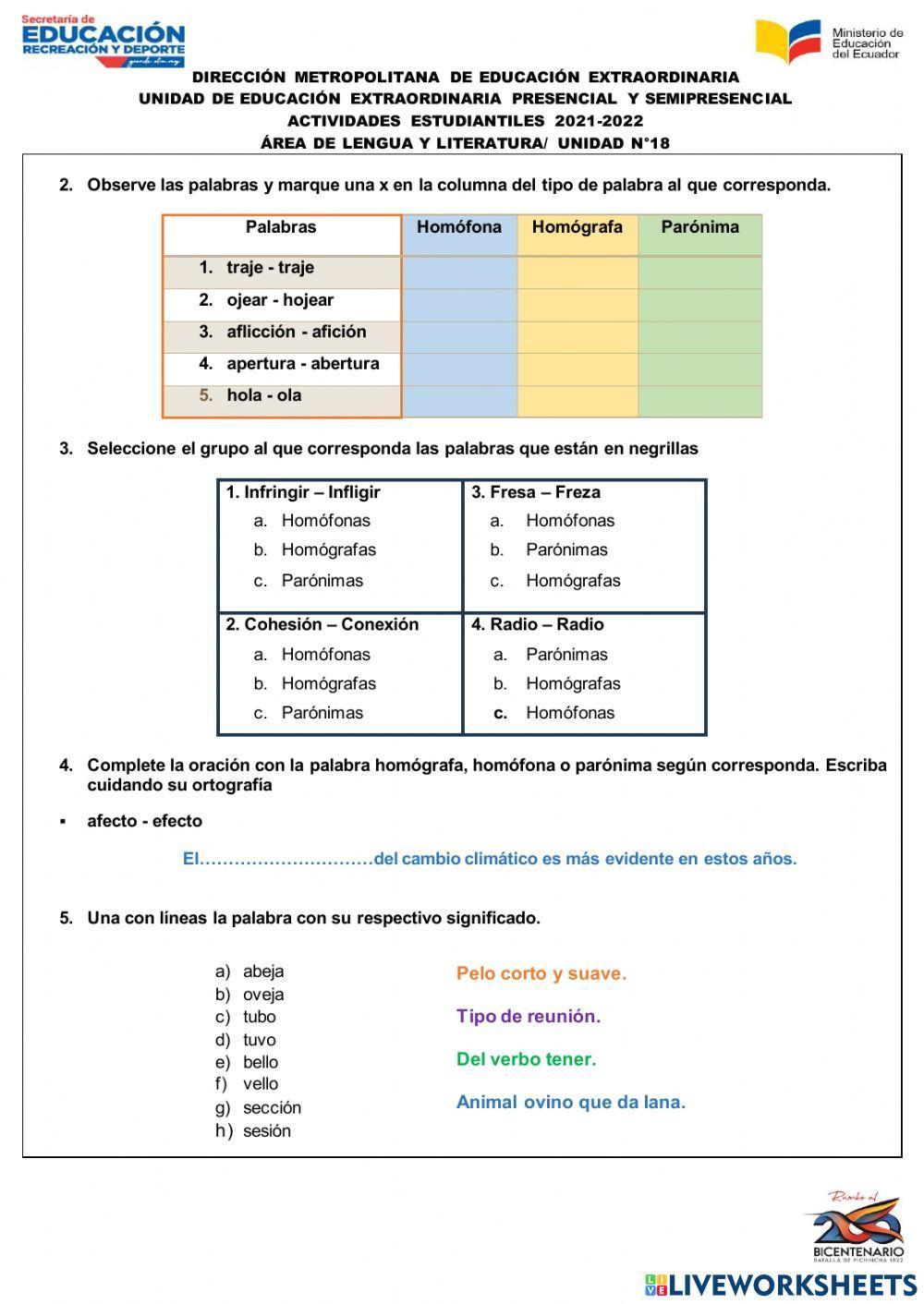TAREA SEM 18. Tipos de palabras. Homónimas, homógrafas y parónimas