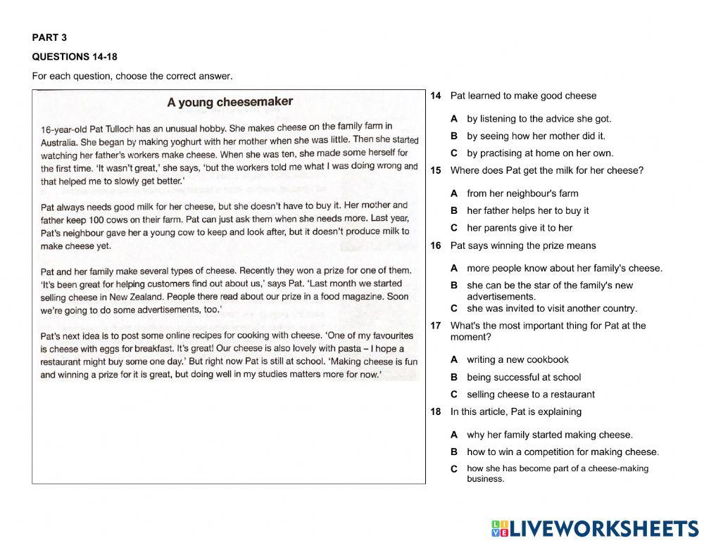 KET reading MOCK 2020 online exercise for Live Worksheets