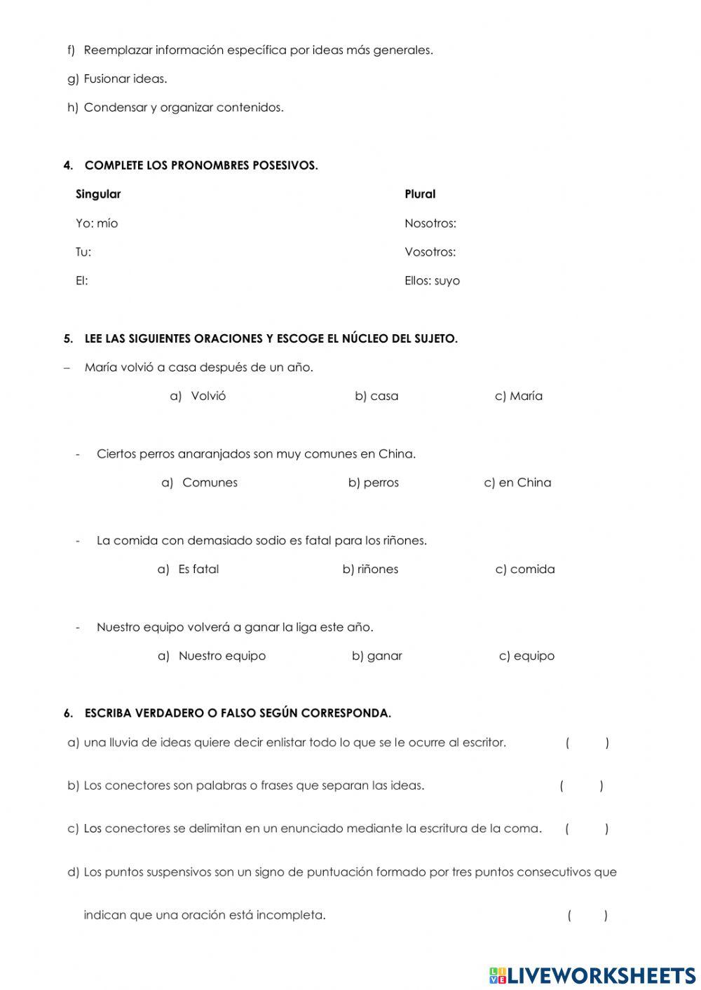 Lengua y literatura - 6° c - examen de primer quimestre