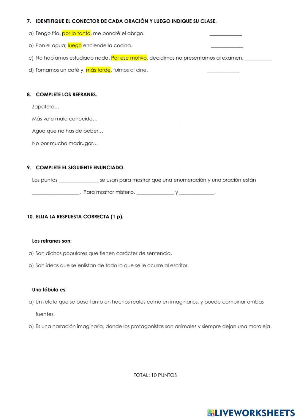 Lengua y literatura - 6° c - examen de primer quimestre