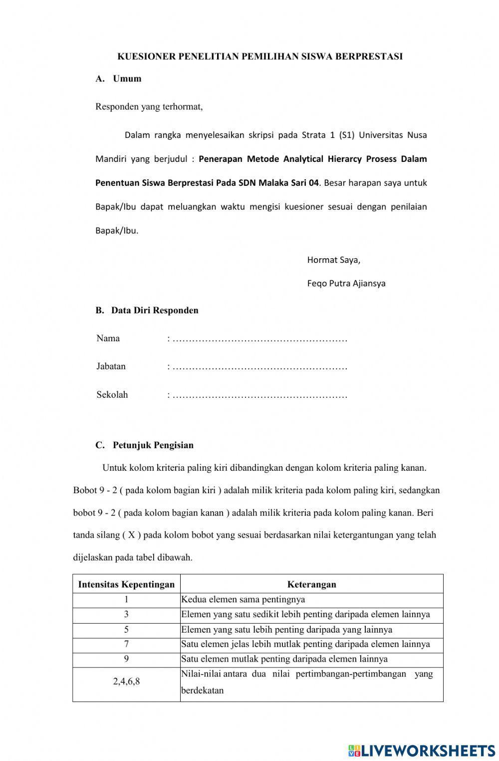 Kuesioner penelitian pemilihan siswa berprestasi