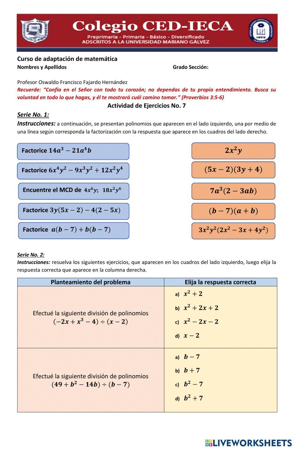 Actividad de Ejercicios No. 7 Matemática