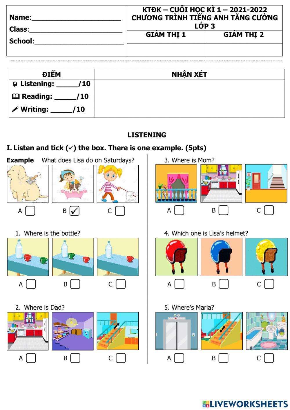 ĐỀ KIỂM TRA CUỐI KỲ 1 LỚP 3 TĂNG CƯỜNG