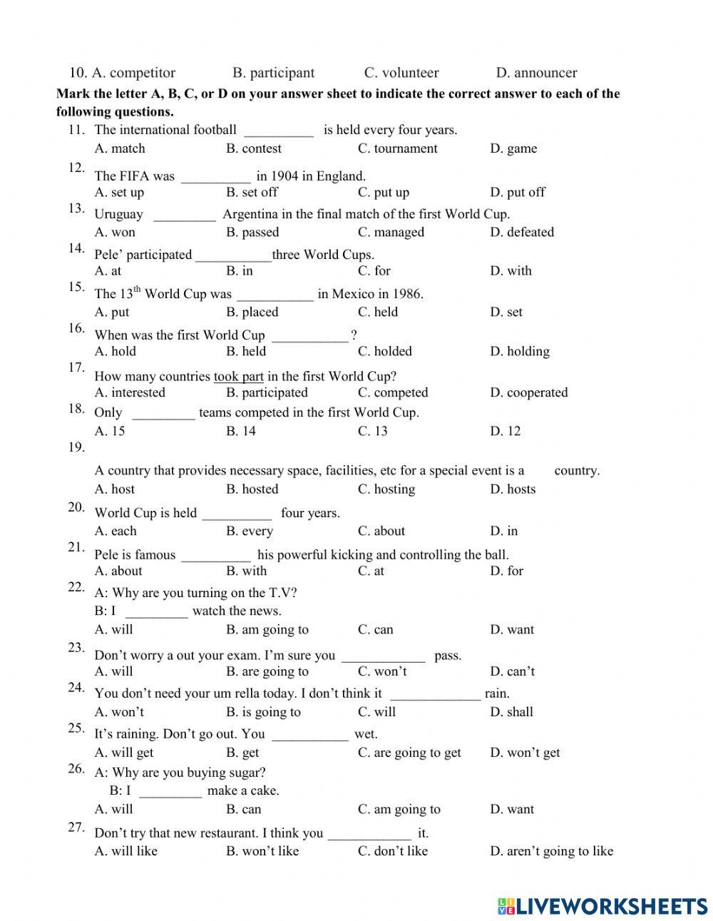 Unit 14 THE WORLD CUP worksheet Live Worksheets