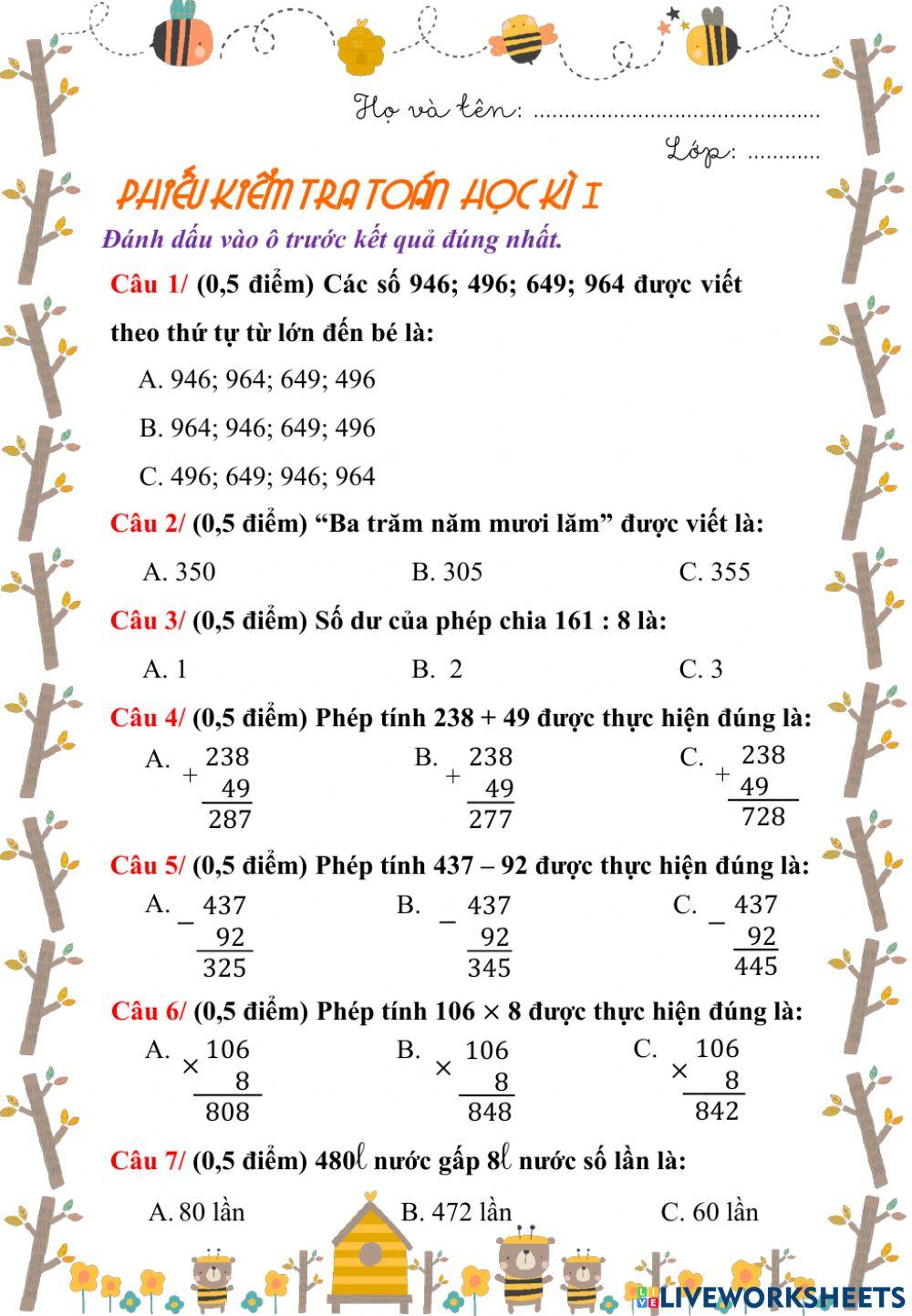 Toán cuối HK1 - lớp 3 - đề 2