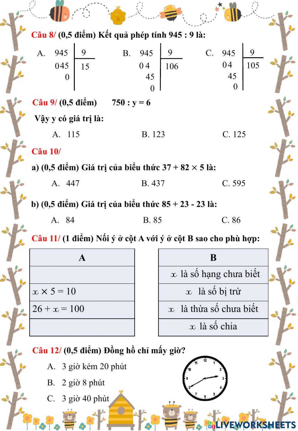 Toán cuối HK1 - lớp 3 - đề 2