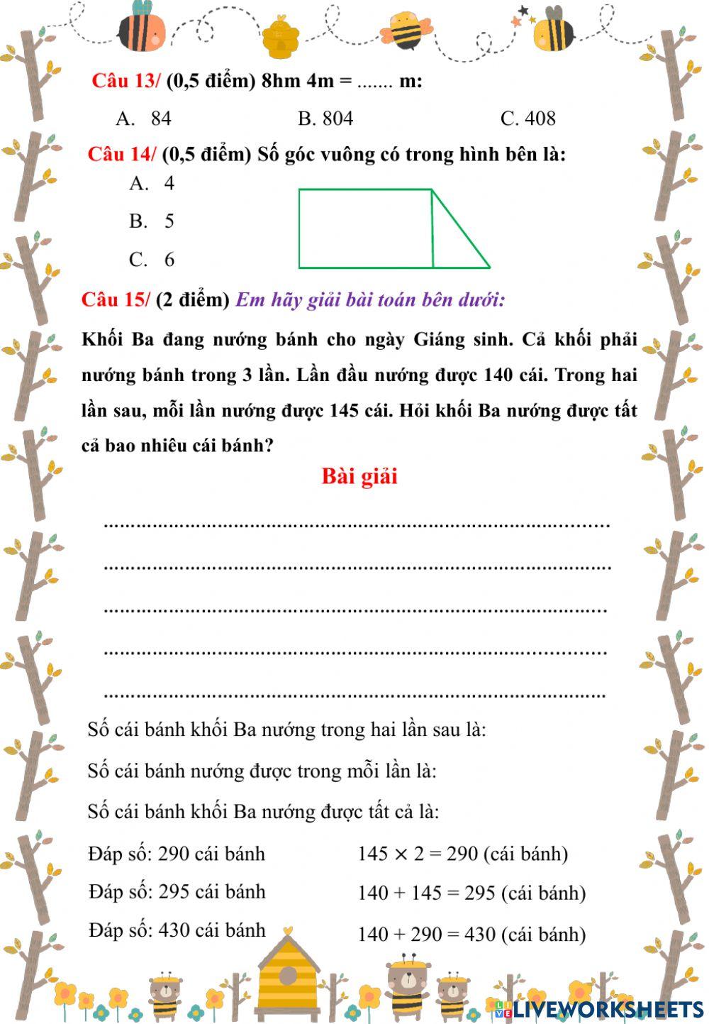 Toán cuối HK1 - lớp 3 - đề 2