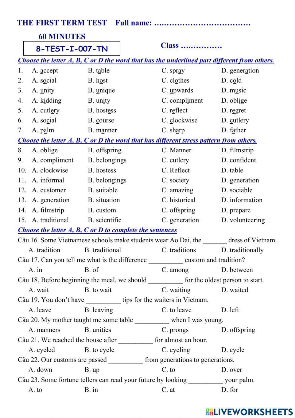 Tieng Anh Lop 8 - 1st Term Test 07