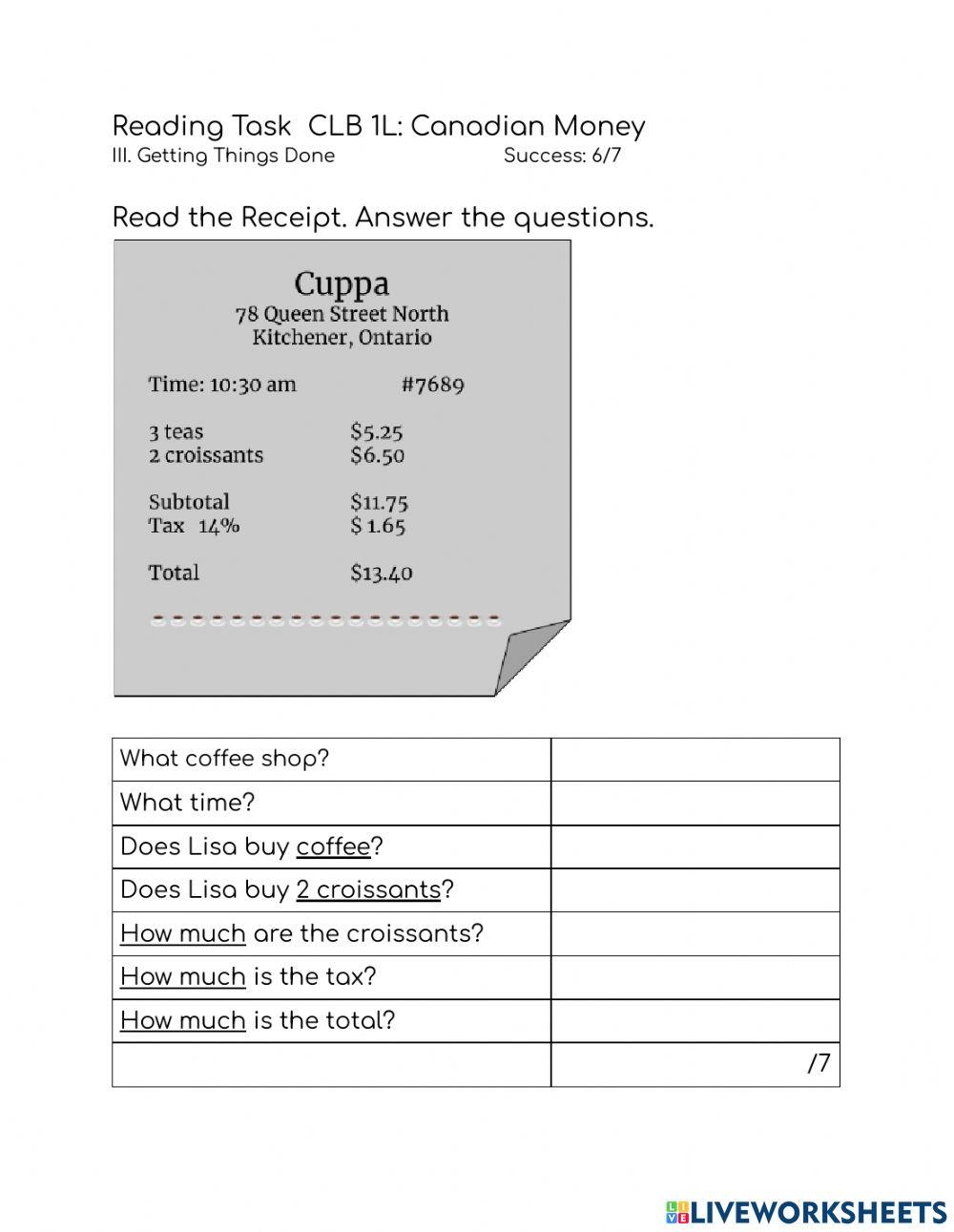 Clb 1l reading a receipt worksheet live worksheets