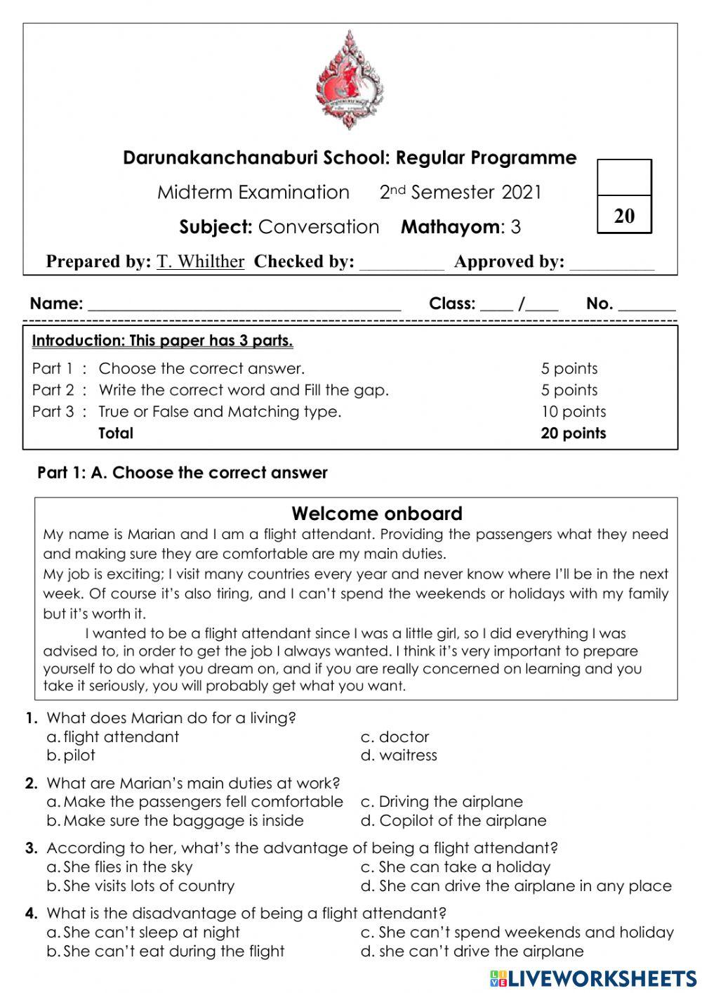 Mathayom 3 conversation midterm exam 2nd sem 2021