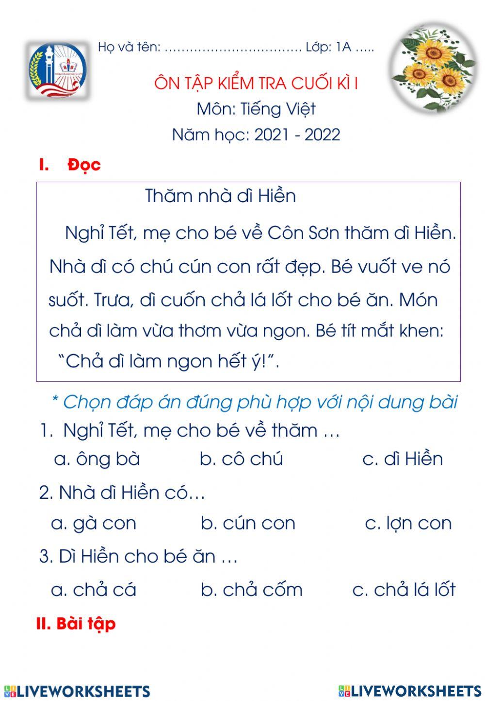 Phiếu ôn TV cuối tuần