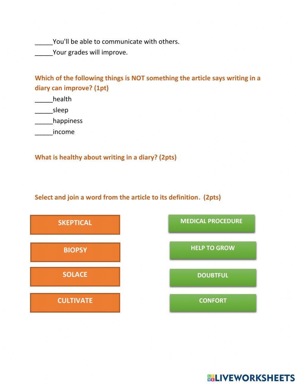 Seven reasons to keep a diary quiz