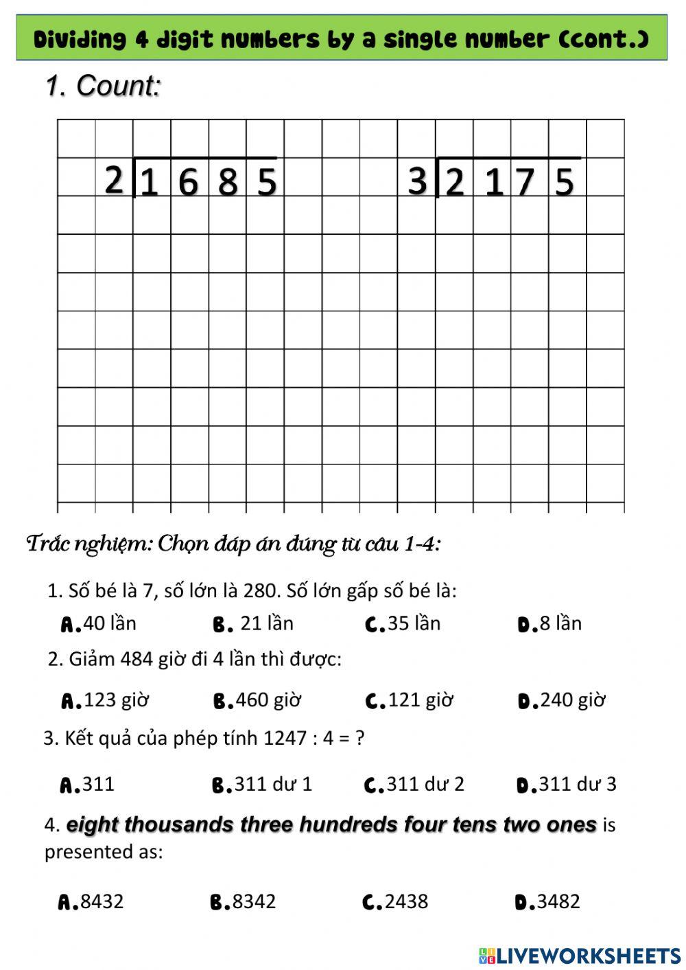 Chia số có 4 chữ số cho 1 chữ số (dư)
