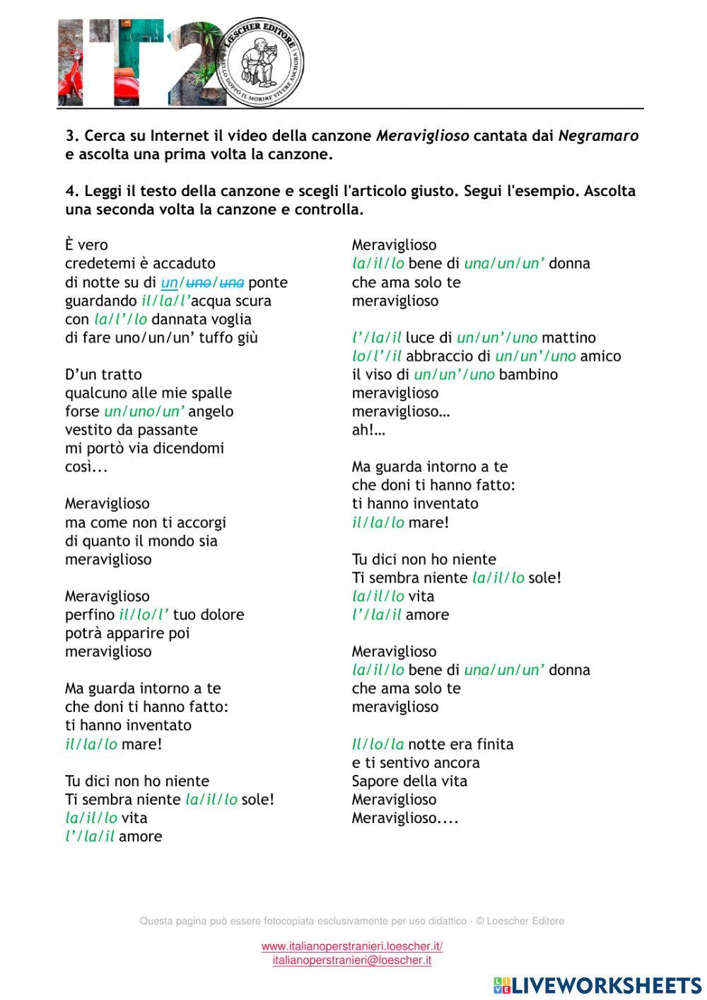  ARTICOLI DETERMINATIVI E INDETERMINATIVI CANZONE NEGRAMARO