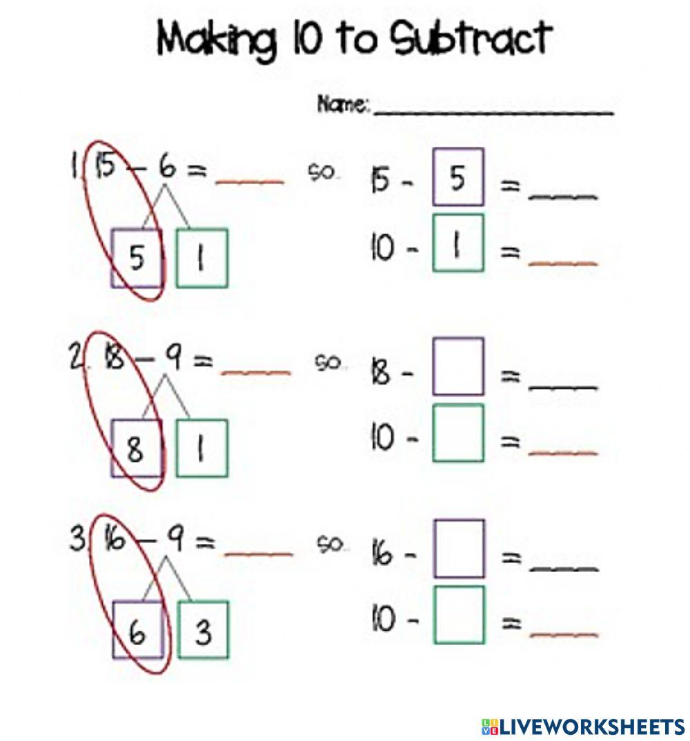 Make 10 to subtract exercise live worksheets