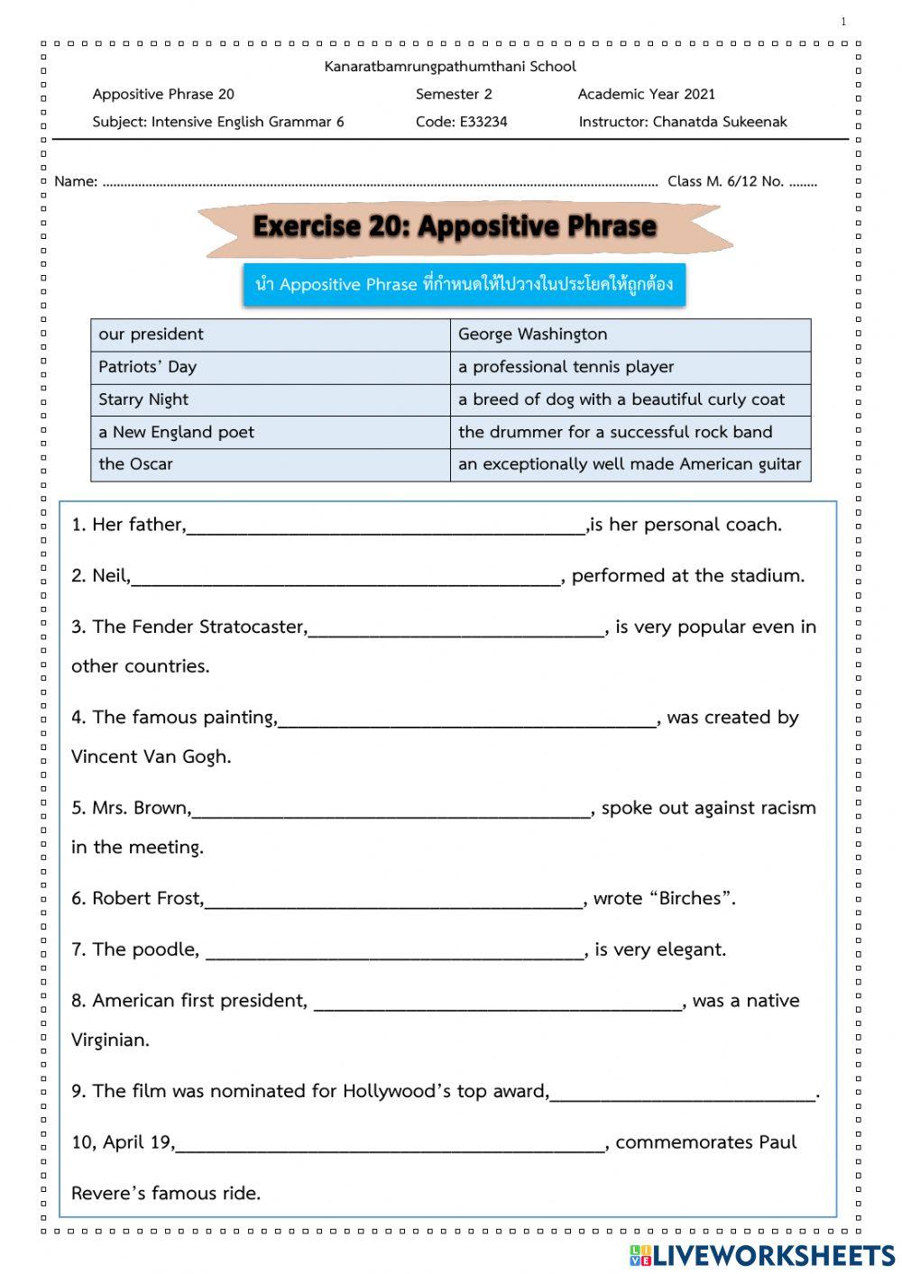 Exercise 20: Appositive Phrase Exercise 20: Appositive Phrase