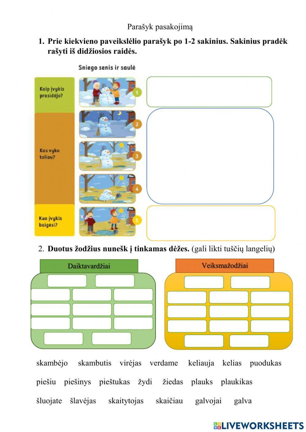 Pasakojimo kūrimas pagal paveikslėlius, daiktavardis, veiksmažodis