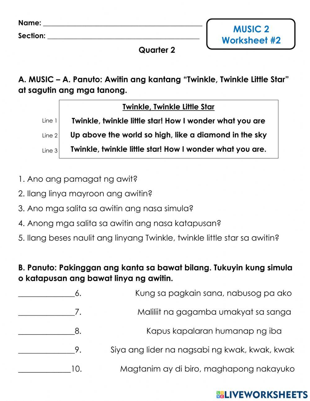 Music Worksheet 2 - Simula at Katapusan ng Kanta