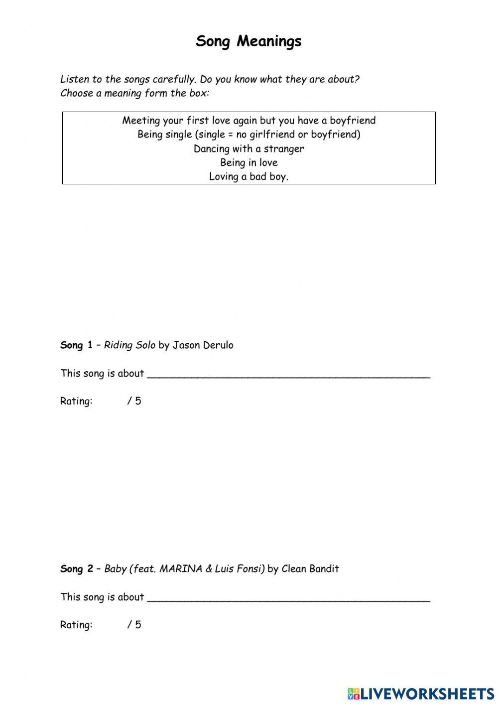 Song Meanings online exercise for Live Worksheets
