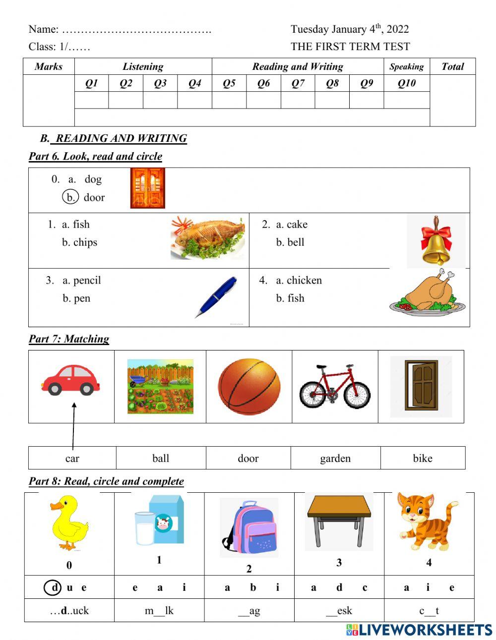 Test reading and writing Grade 1 (fixed)