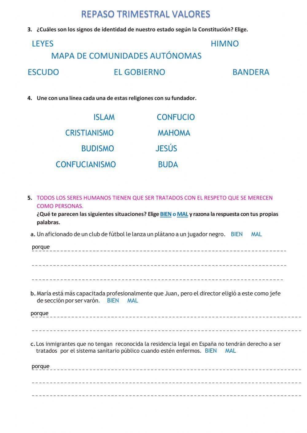 Repaso trimestral 5ºValores