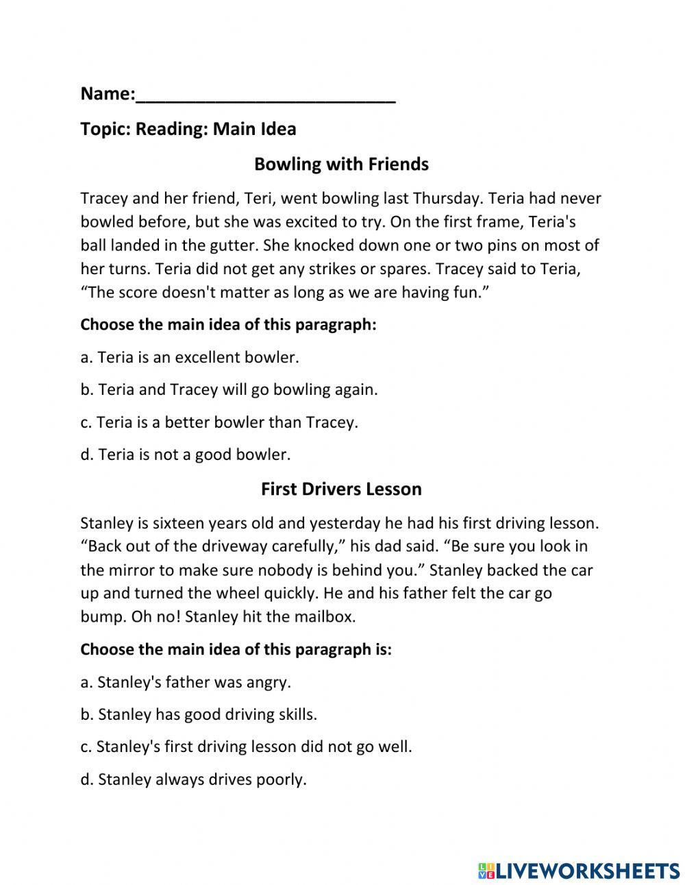 Main idea online exercise for live worksheets