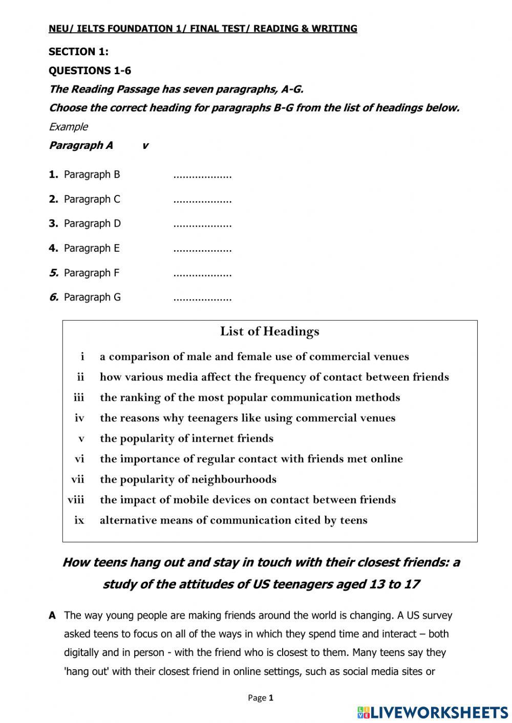 IELTS FOUNDATION 1 FINAL READING