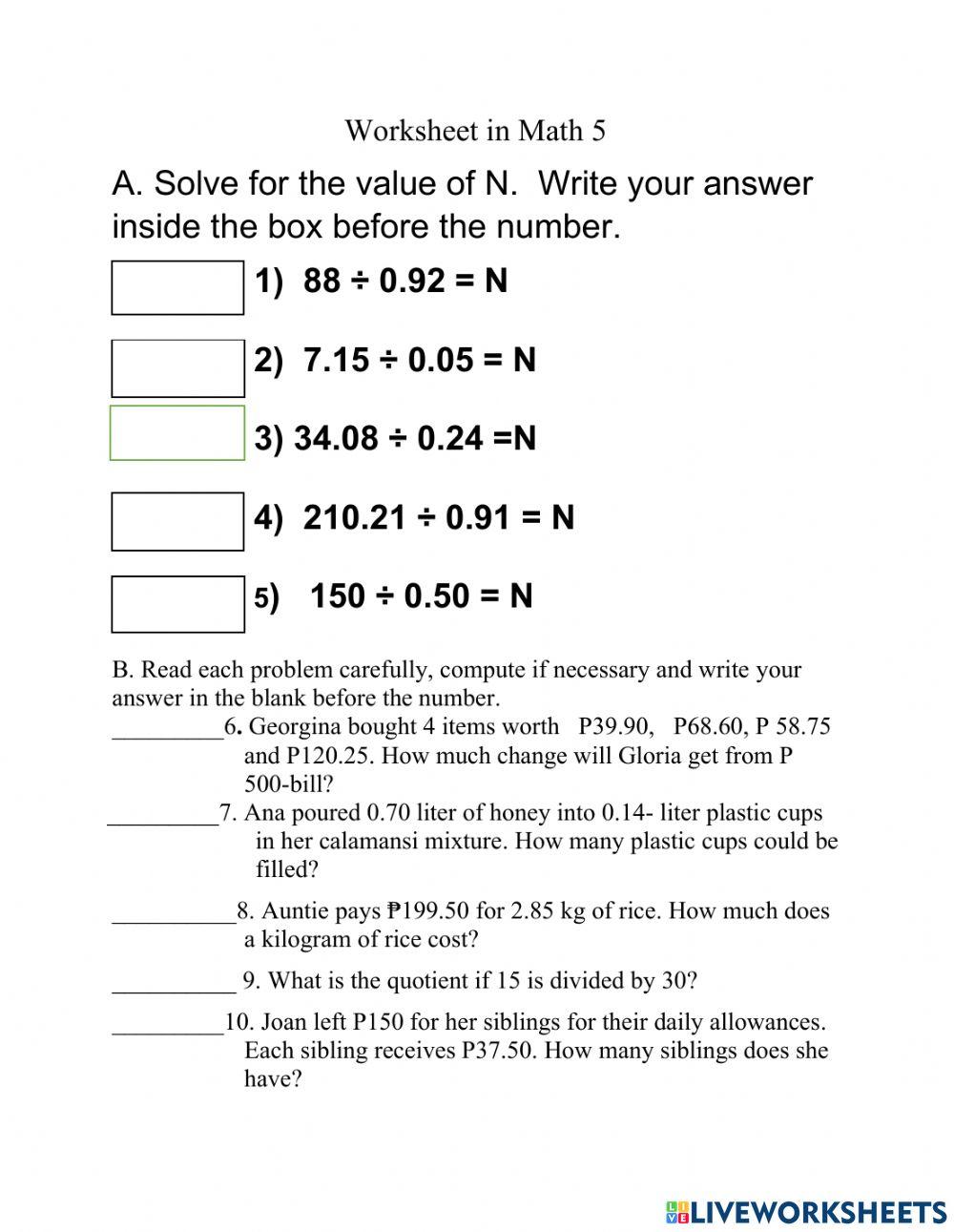 Worksheet in Math 5 worksheet | Live Worksheets