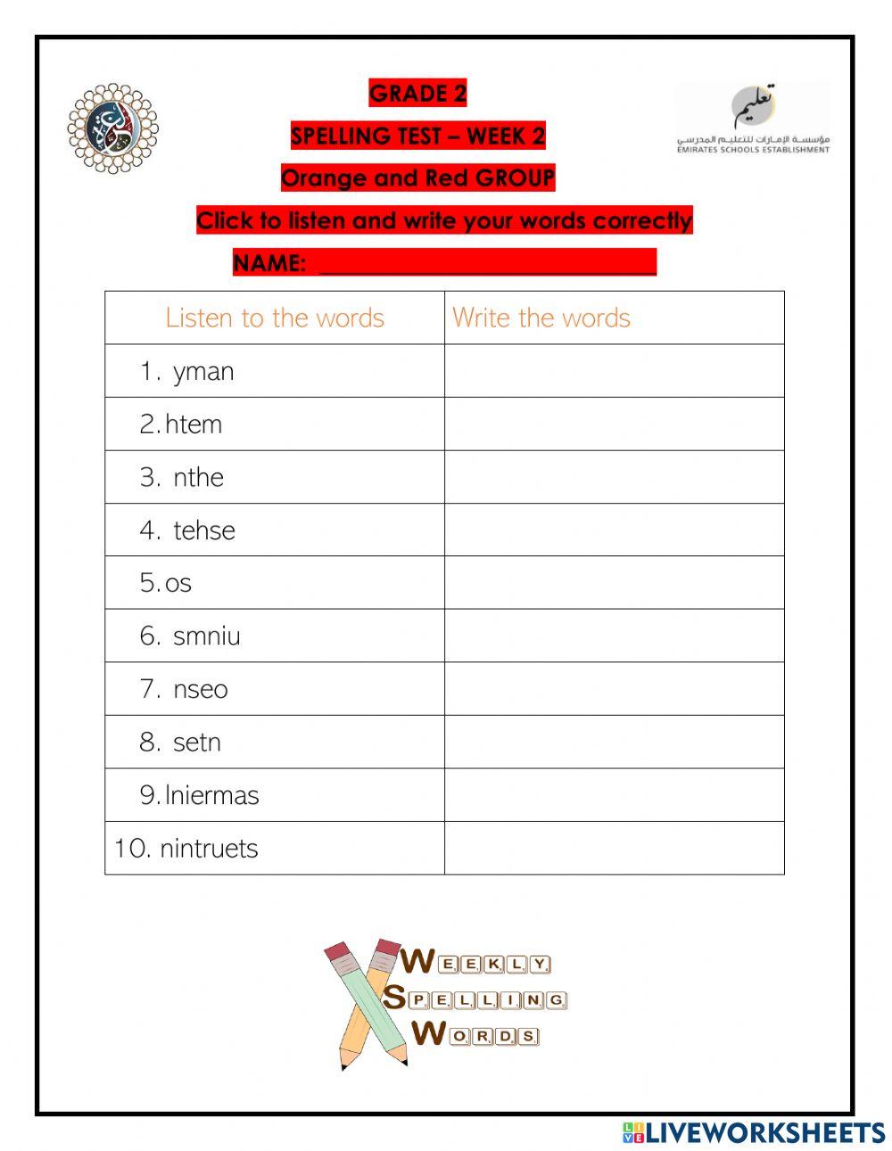 Week 2 spelling grade 2