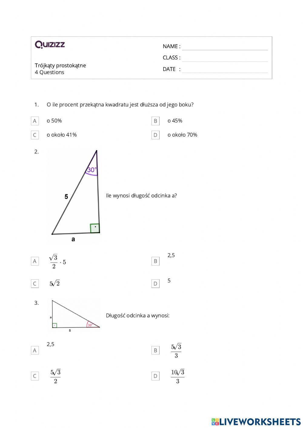 Trójkąty prostokątne (krótki test)