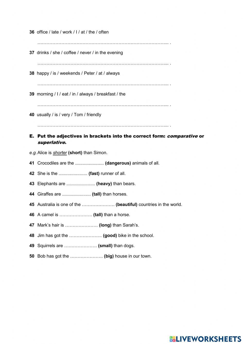 Test 2 great animals and present simple tense online exercise for