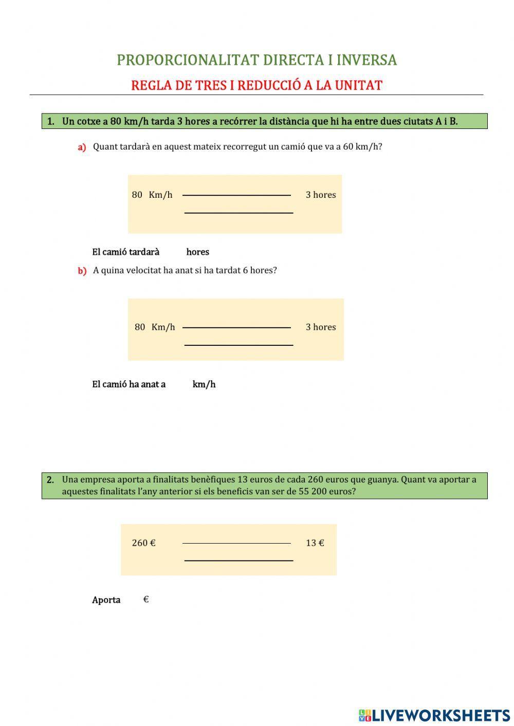 Proporcionalitat (Regla de tres i reducció a la unitat)