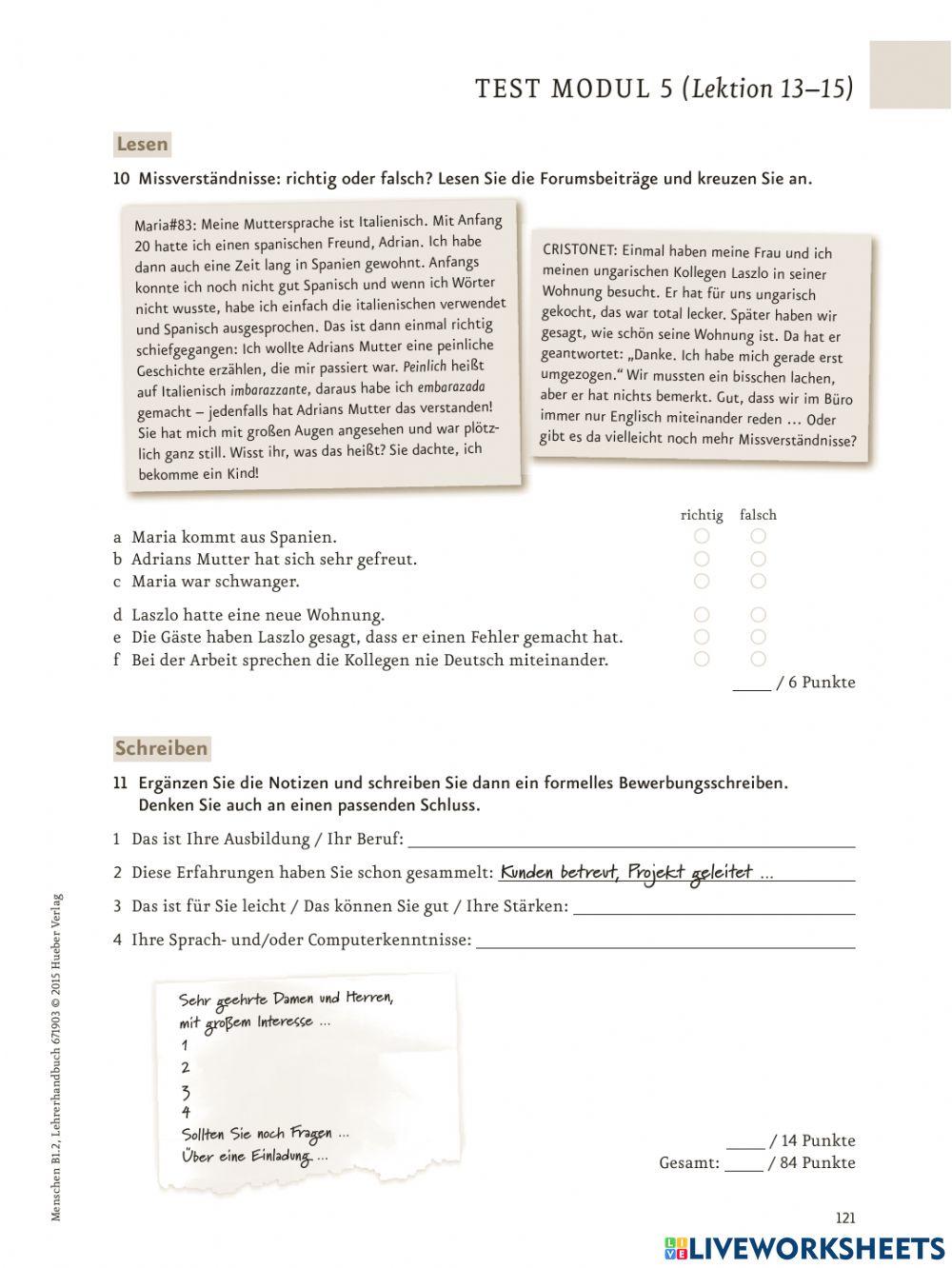 Menschen B1.2. Test Lektion 1315. 5276500 Grazina