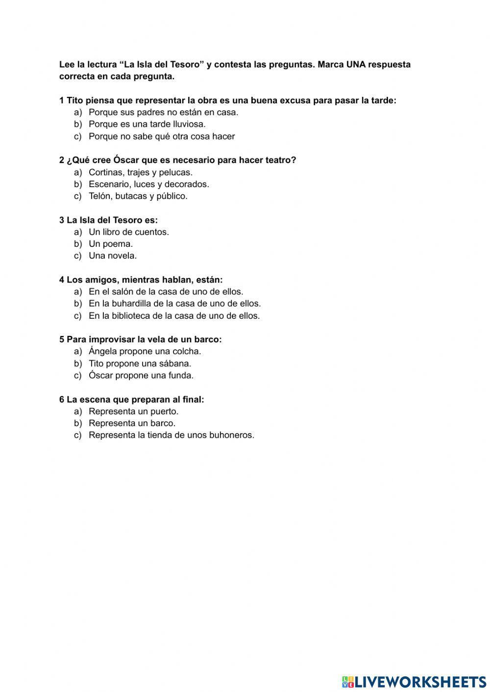 Comprensión lectora La Isla del Tesoro