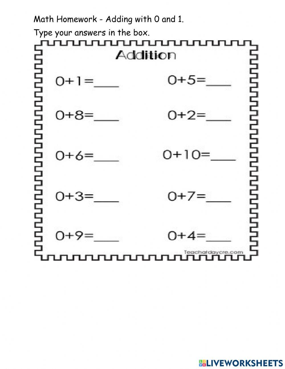 Math homework adding 0 and 1 online exercise for live worksheets