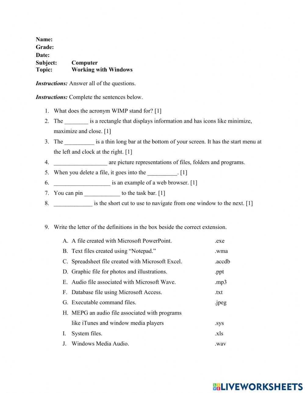Computer windows online exercise for live worksheets
