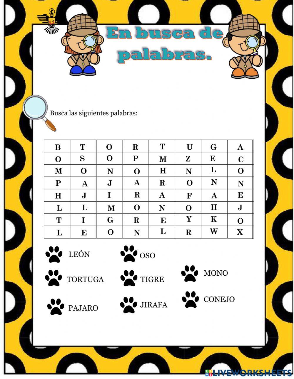 Sopa de letra de animales de la selva