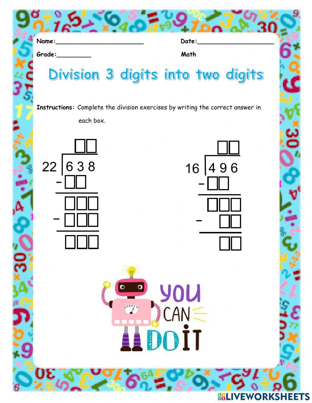 Division 3 digits into 2 digits
