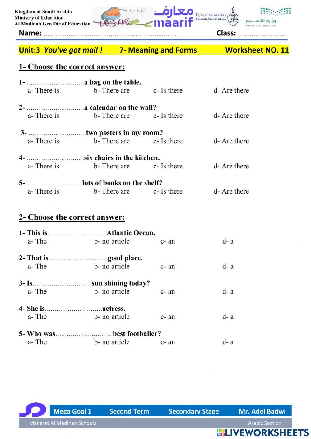 Mega Goal 1.2 Second Term Unit 3 You've got mail! 7-Meanings and Forms 2