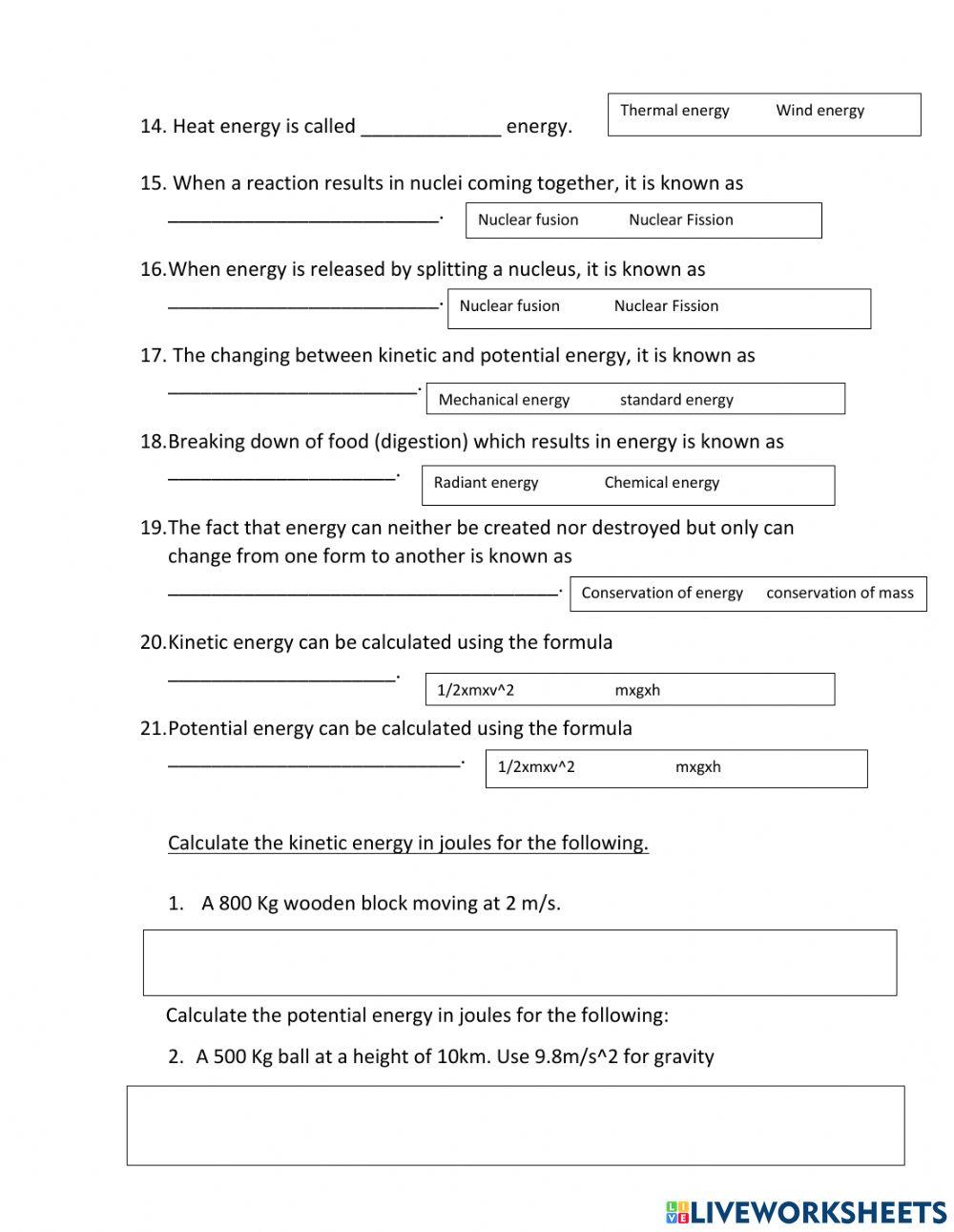 Pdf online activity Forms of energy Live Worksheets