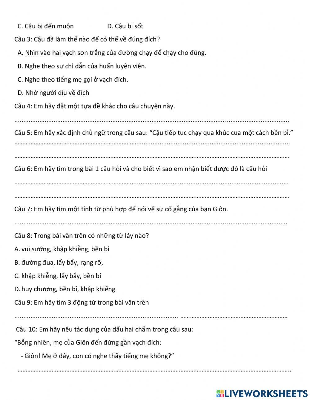 Ôn tập đọc hiểu - cuối hk1