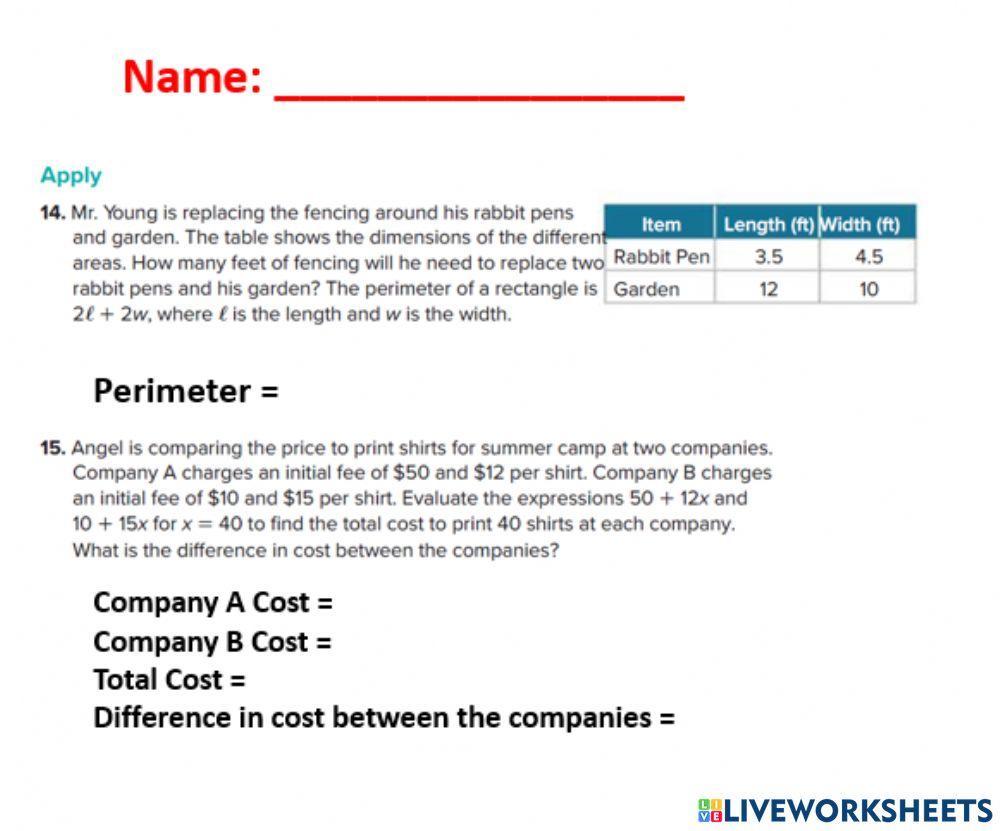 Evaluate Algebraic Expressions