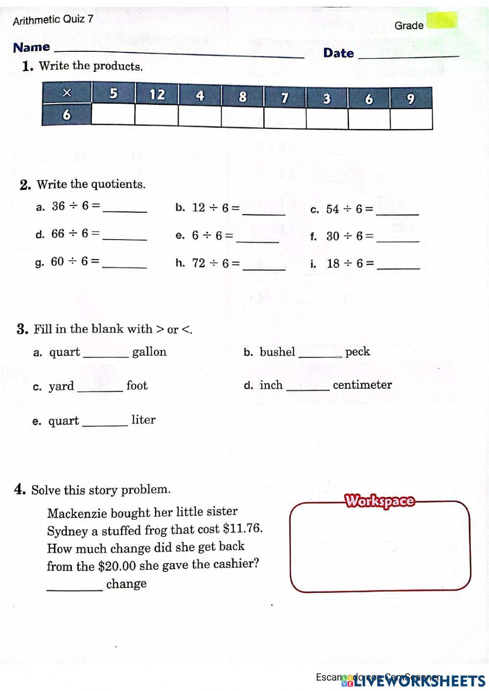 Quiz Matematica A.C worksheet