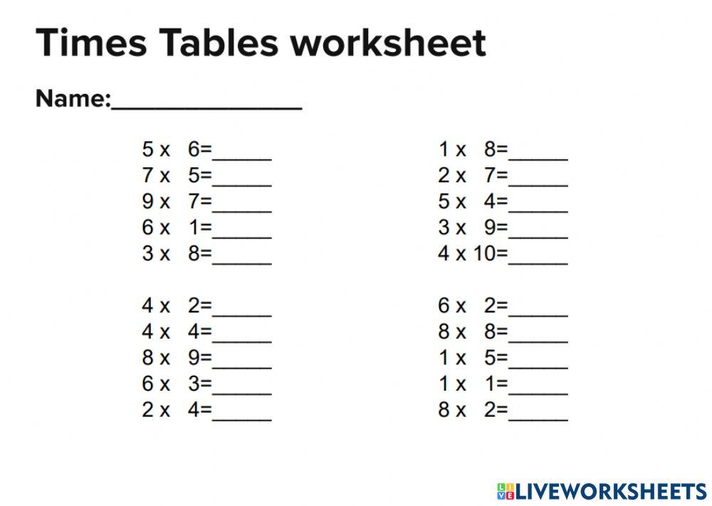 Times Table Worksheet 1 online exercise for Live Worksheets