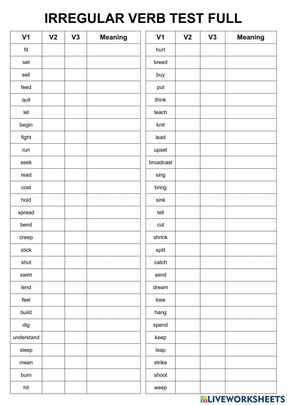 IRREGULAR VERBS test full