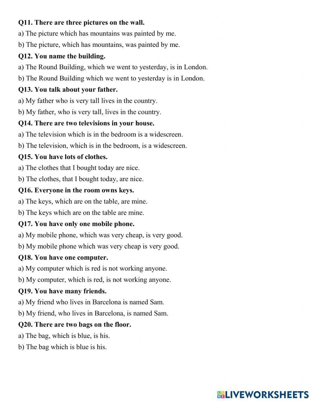 Test 15' (Defining - Non-defining Relative clause)