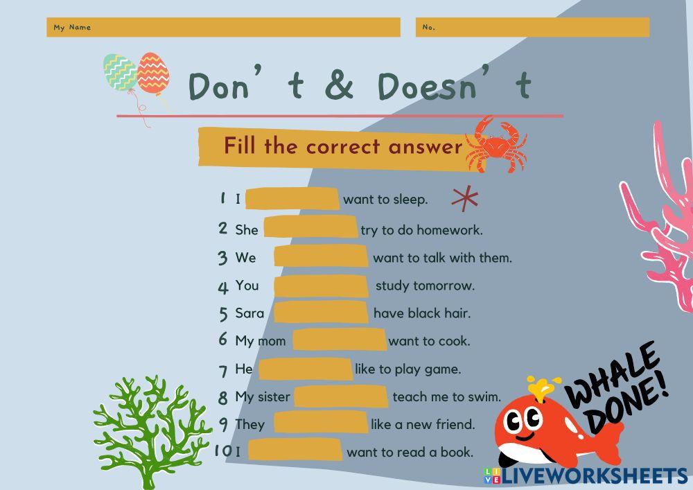 Don T Doesn T übungen Arbeitsblätter Zum Ausdrucken www.liveworksheets.com